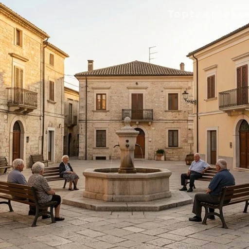 Place d'un village du sud de l'Italie avec habitants, illustrant la dépopulation des communes rurales