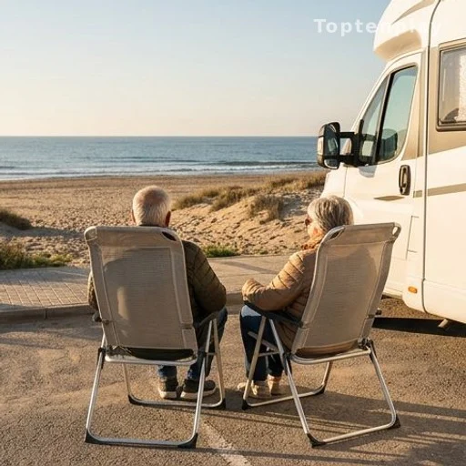 Couple de retraités en camping-car stationné face à la mer en Espagne