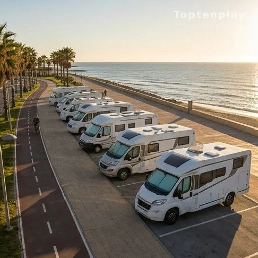 Camping-car stationné gratuitement sur un front de mer espagnol avec piste cyclable