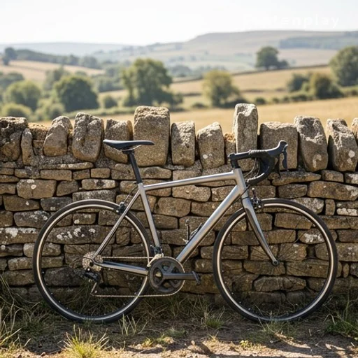 Vélo de route appuyé contre un mur de pierre en milieu rural