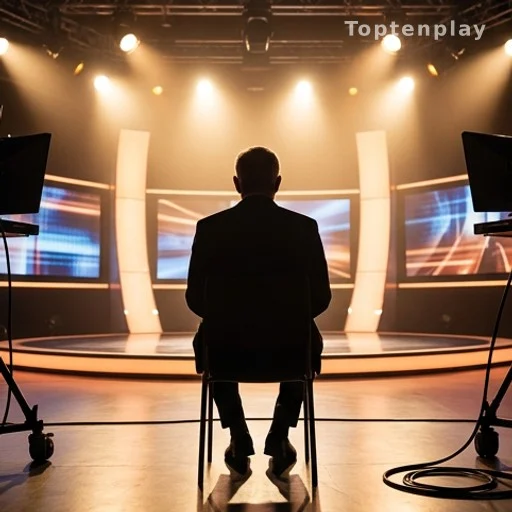 Silhouette d'un candidat de dos sous les lumières d'un studio de télévision