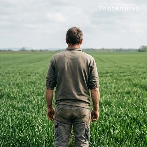 Agriculteur de dos dans un champ, évoquant le parcours de Timothée aux 12 coups de midi