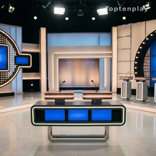 Plateau de jeu télévisé avec buzzers et lumières de studio