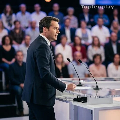 Animateur de dos derrière un pupitre de plateau télévisé