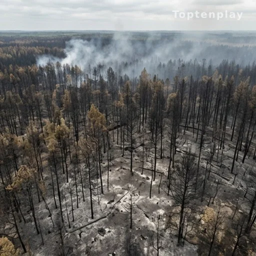 Forêt calcinée après un incendie estival en France, arbres noircis et sol couvert de cendres