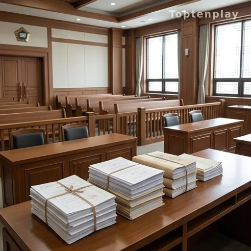 Salle d'audience d'un tribunal sud-coréen avec documents officiels sur la table