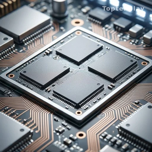 Puces mémoire semi-conductrices alignées sur un circuit imprimé sous éclairage industriel