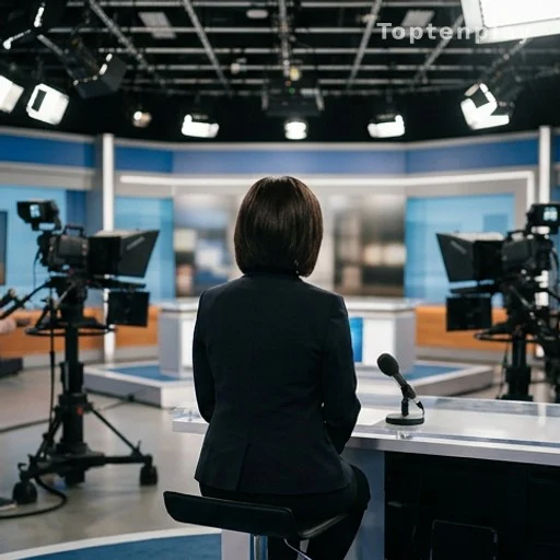 Femme de dos sur un plateau de télévision lors d'une interview