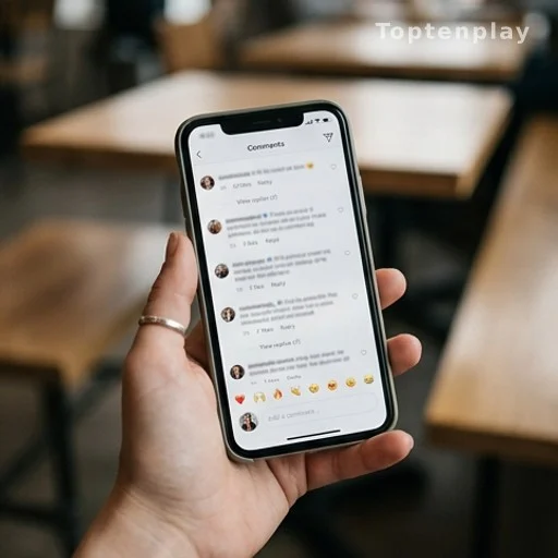 Mains tenant un smartphone avec des commentaires floutés sur les réseaux sociaux