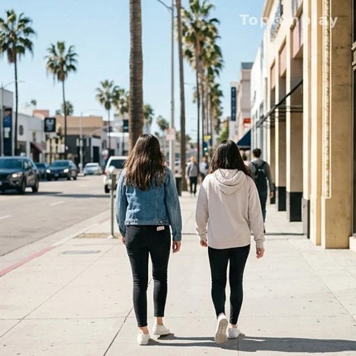 Deux jeunes femmes de dos marchant dans une rue ensoleillée aux États-Unis