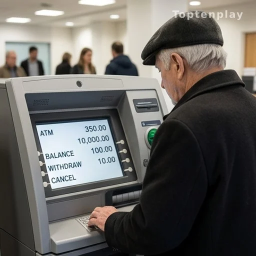 Un homme âgé de dos devant un distributeur automatique affichant un solde inattendu