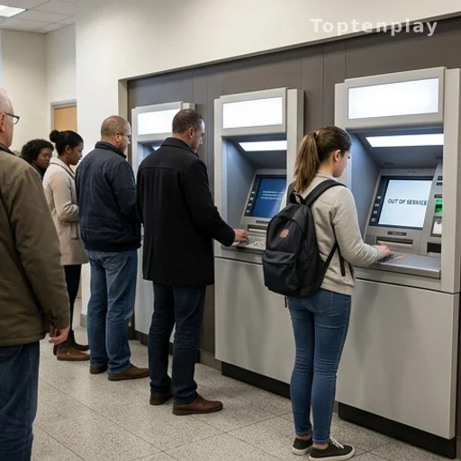 Rangée de distributeurs automatiques dans une agence bancaire indienne, l'un affichant une erreur