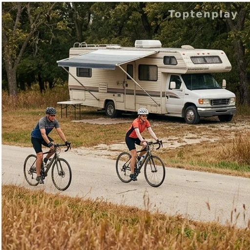 Camping-car vétuste garé sur un emplacement lors d'un événement cycliste en Iowa