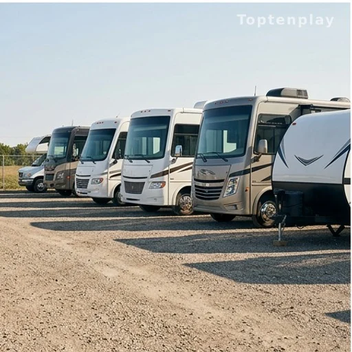 Flotte de sept camping-cars alignés dans un espace de stationnement extérieur