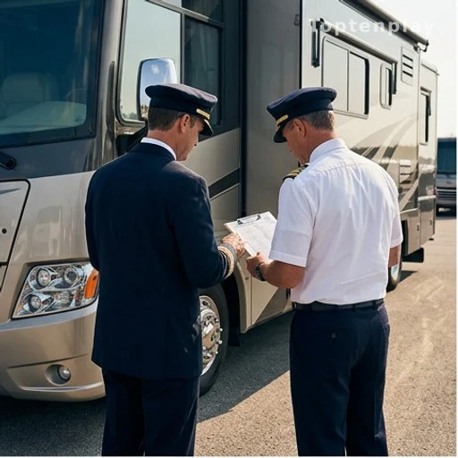 Deux pilotes de dos examinant des documents près d'un camping-car en plein air