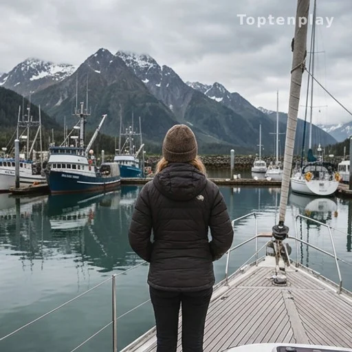 Silhouette d'une femme de dos sur un voilier dans un port d'Alaska