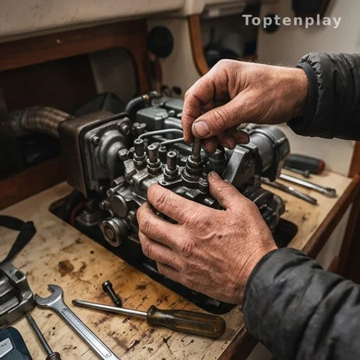 Mains travaillant sur un moteur de voilier, outils posés sur une surface en bois