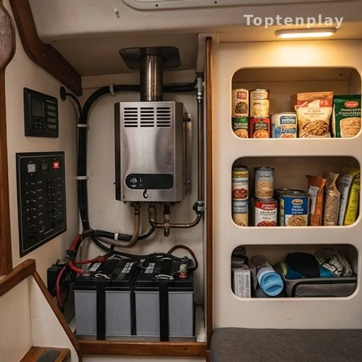 Intérieur d'une cabine de voilier avec chauffage diesel et rangements de vivres