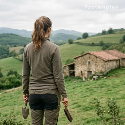 Jeune femme de dos devant une maison en pierre à restaurer dans la campagne galicienne