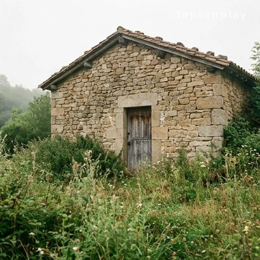 Petite maison en pierre dans un hameau rural entourée de végétation