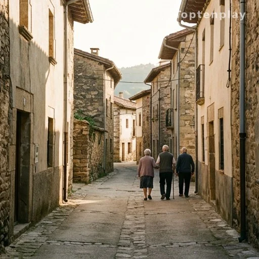 Ruelle d'un hameau rural espagnol avec quelques habitants au loin