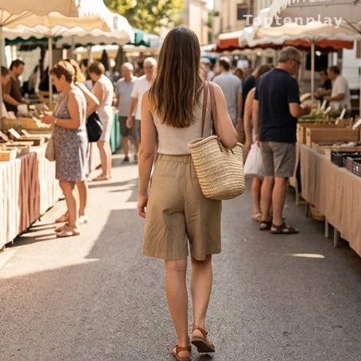 Silhouette de dos en short kaki large dans un marché estival
