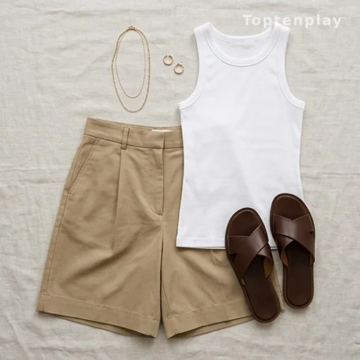 Tenue estivale composée d'un short kaki, d'un haut ajusté et de sandales