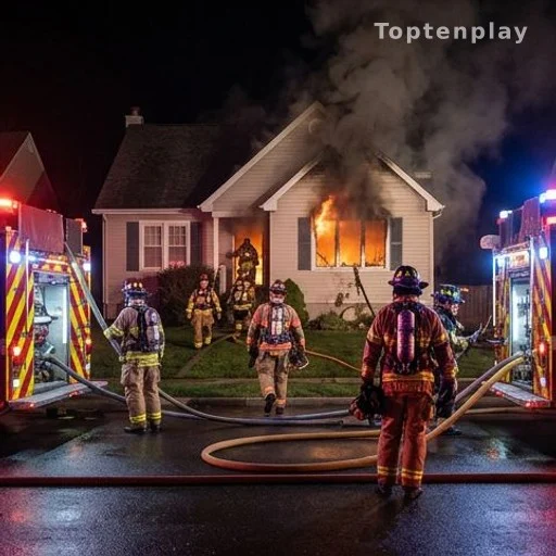 Pompiers intervenant de nuit sur un incendie dans une maison résidentielle