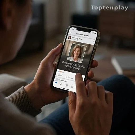 Mains tenant un téléphone affichant un message de deuil sur les réseaux sociaux