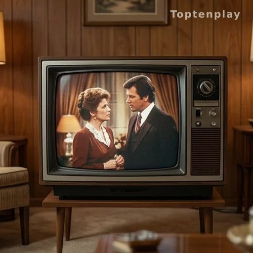 Téléviseur vintage des années 1980 diffusant un feuilleton américain