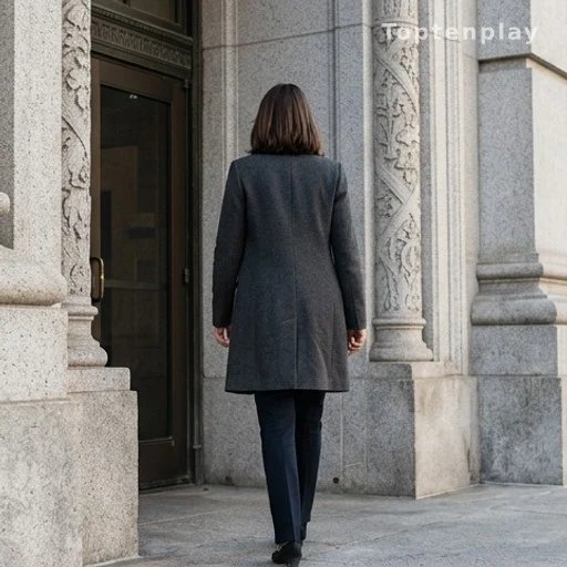 Silhouette de femme de dos devant l'entrée d'un palais de justice