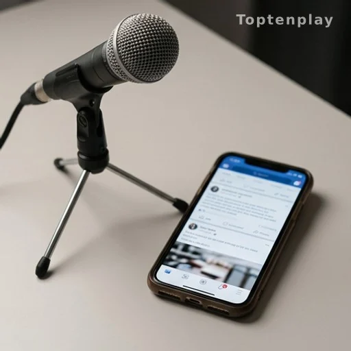 Microphone et smartphone affichant une publication sur réseau social