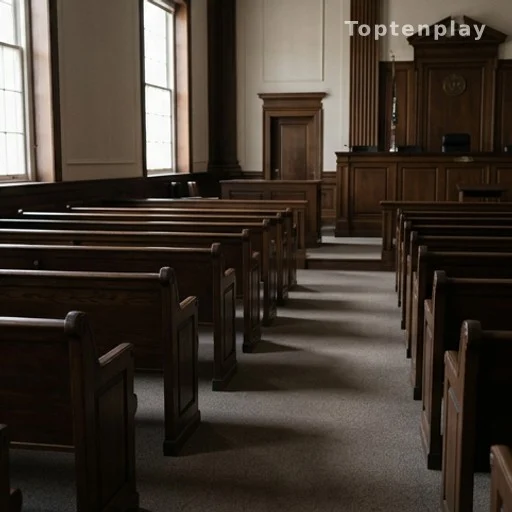 Salle d'audience vide avec bancs en bois et siège du juge