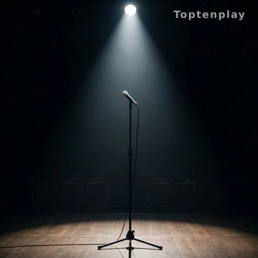 Scène de concert vide avec un pied de micro sous un projecteur