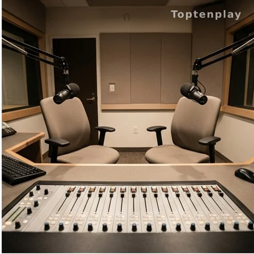 Studio de radio avec console de mixage et deux sièges vides