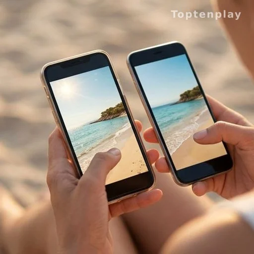 Deux smartphones affichant des photos prises sur la même plage ensoleillée