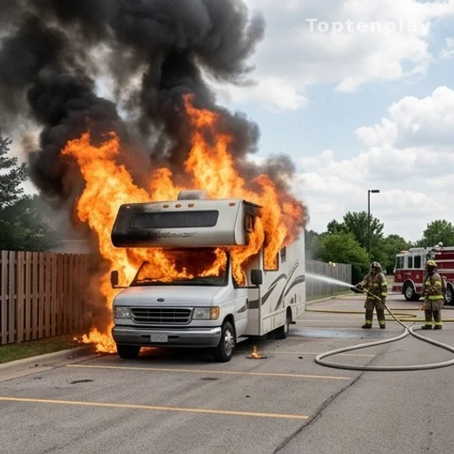 Camping-car en feu dans un parking, fumée noire épaisse visible au loin