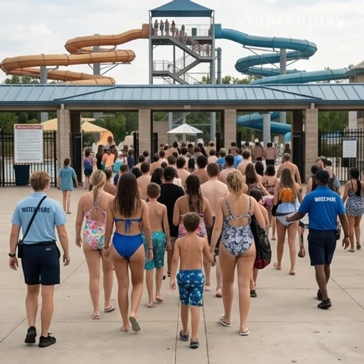 Visiteurs en maillot de bain évacuant un parc aquatique encadrés par le personnel