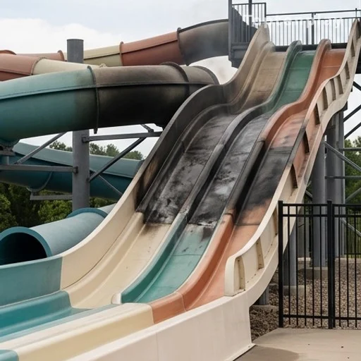 Toboggan aquatique recouvert de suie après un incendie à proximité