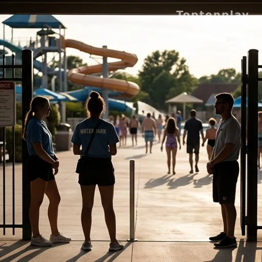 Personnel d'un parc aqualudique à l'entrée lors de la réouverture après incident