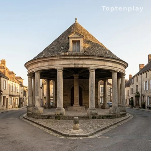 Halle aux grains circulaire sur la place triangulaire d'Auvillar