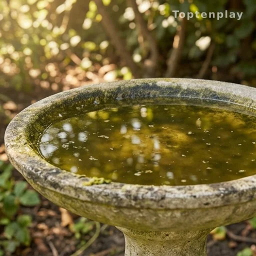 Bain d'oiseaux avec eau verdâtre et algues en plein été