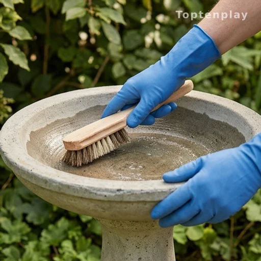 Mains gantées nettoyant un bain d'oiseaux avec une brosse rigide