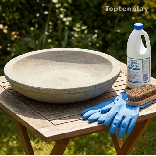 Bain d'oiseaux vide séchant au soleil avec solution désinfectante et gants