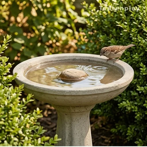 Bain d'oiseaux propre à l'ombre avec pierre centrale et oiseau perché