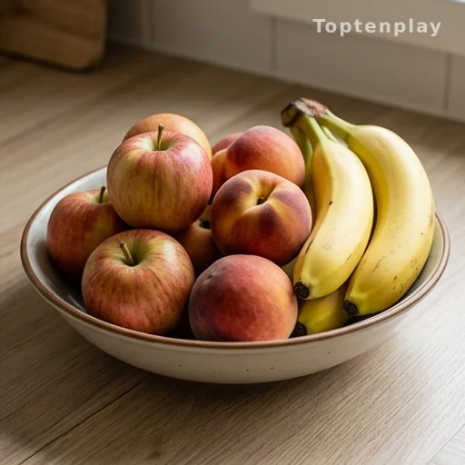 Corbeille à fruits avec bananes, pommes et pêches mélangées sur un plan de travail