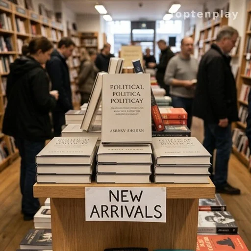 Présentoir en librairie avec des exemplaires d'un essai politique en évidence