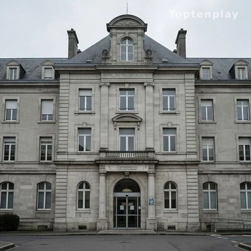 Façade d'un grand hôpital public français sous ciel couvert