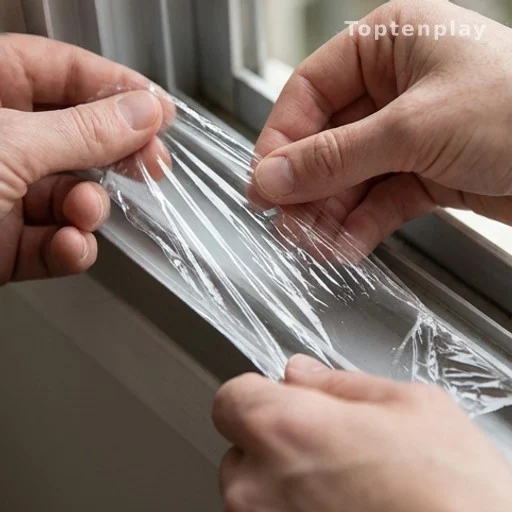 Mains posant du film alimentaire transparent sur un rail de fenêtre