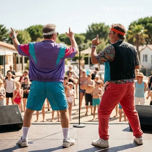 Deux comédiens en costumes rétro années 90 sur scène dans un camping ensoleillé